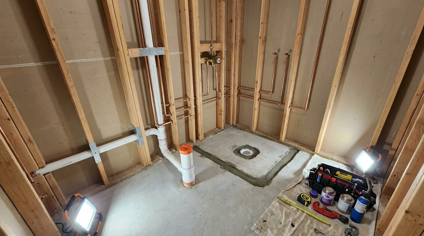 Bathroom rough-in plumbing during remodel by Johns Plumbing LLC in Creve Coeur