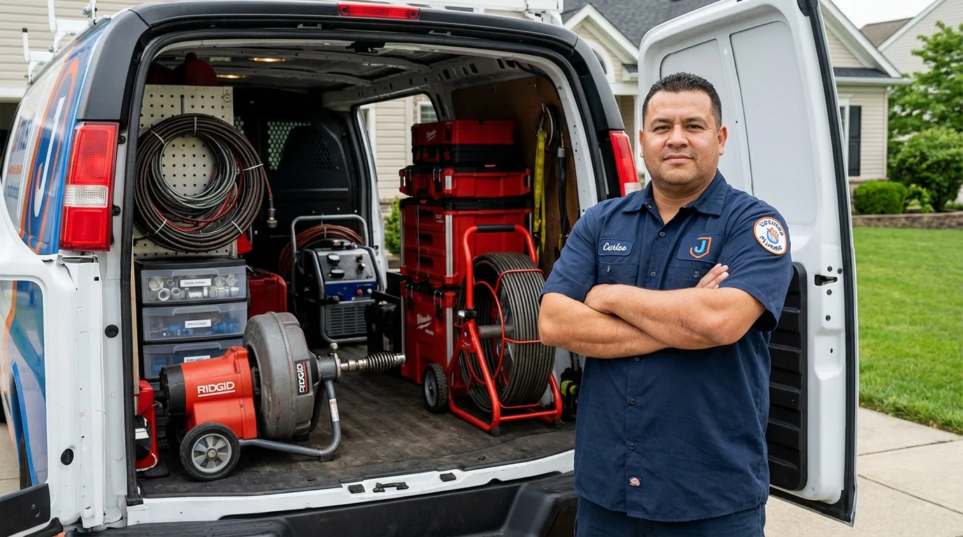 Professional drain cleaning equipment and Johns Plumbing LLC plumber in Creve Coeur