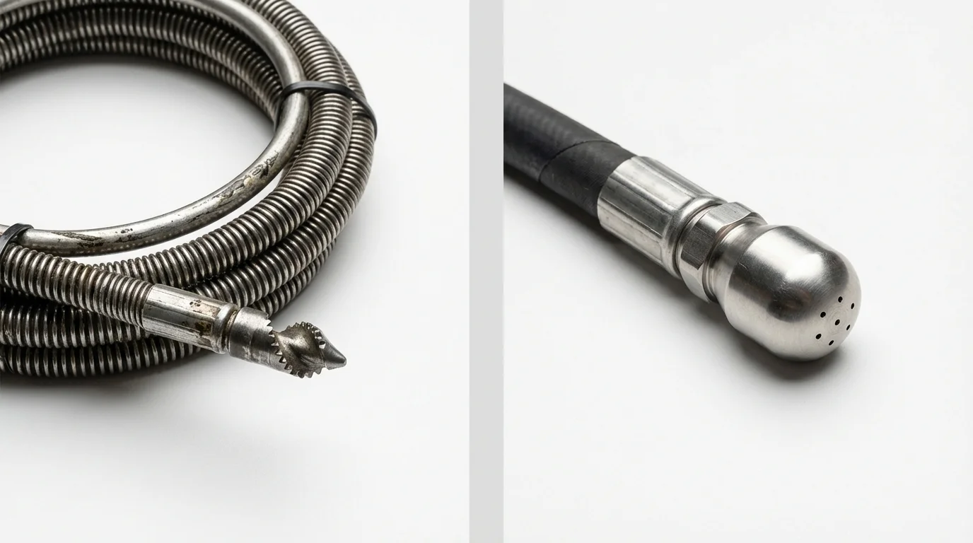 Drain snake cable and hydro jetting nozzle used for drain cleaning in Creve Coeur, IL
