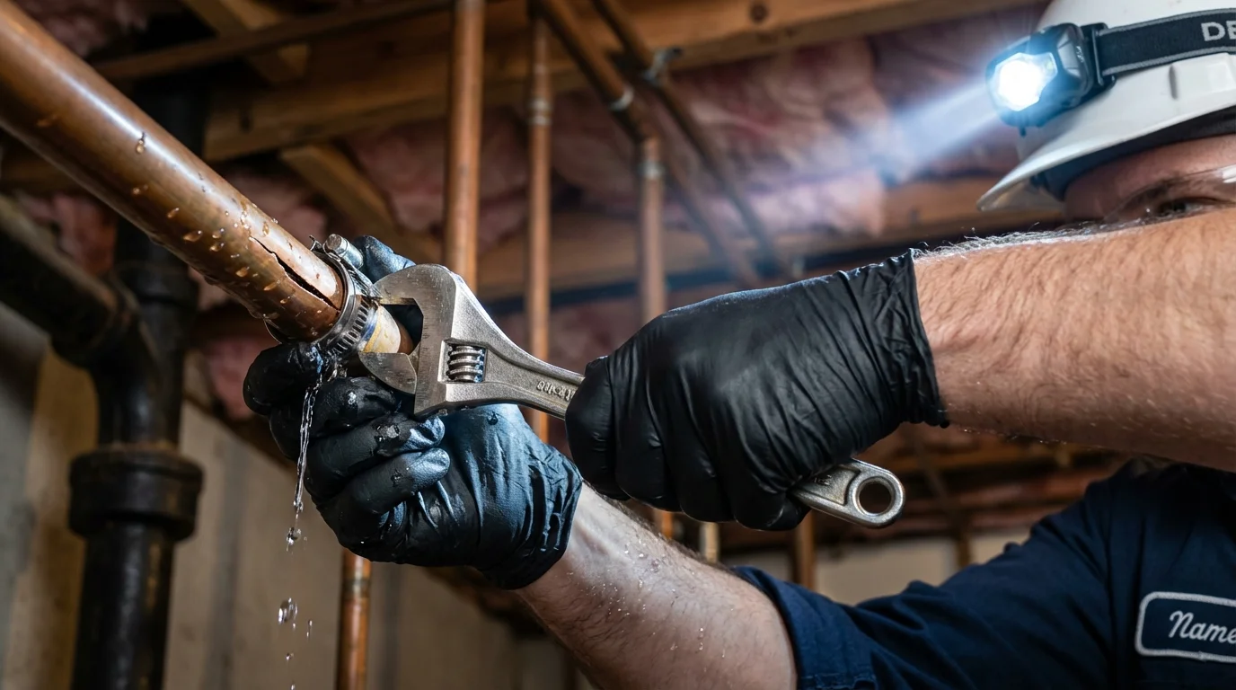 Emergency pipe clamp repair being performed by a Johns Plumbing LLC plumber in Creve Coeur