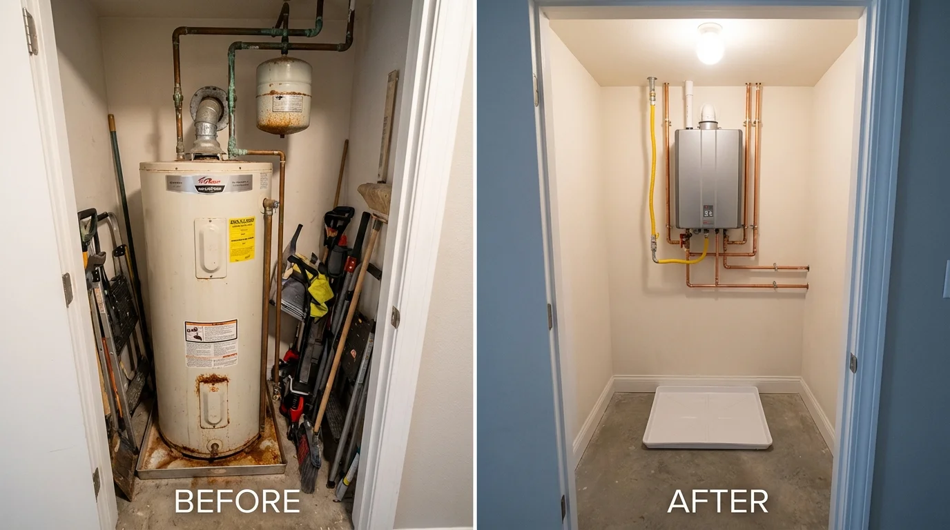 Tank water heater versus wall-mounted tankless unit comparison for Creve Coeur, IL homeowners