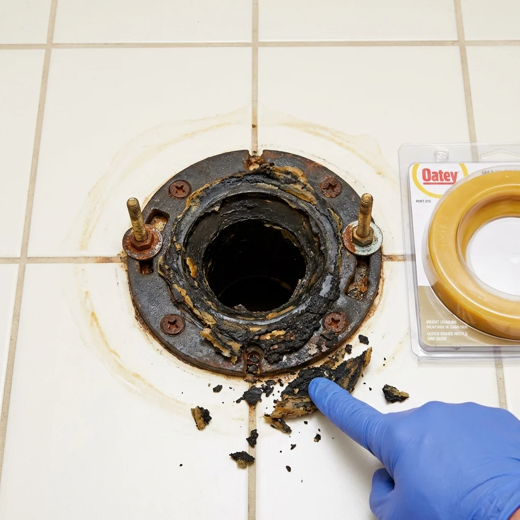 Failed wax ring showing water seepage at the base of a toilet in a Creve Coeur, IL home