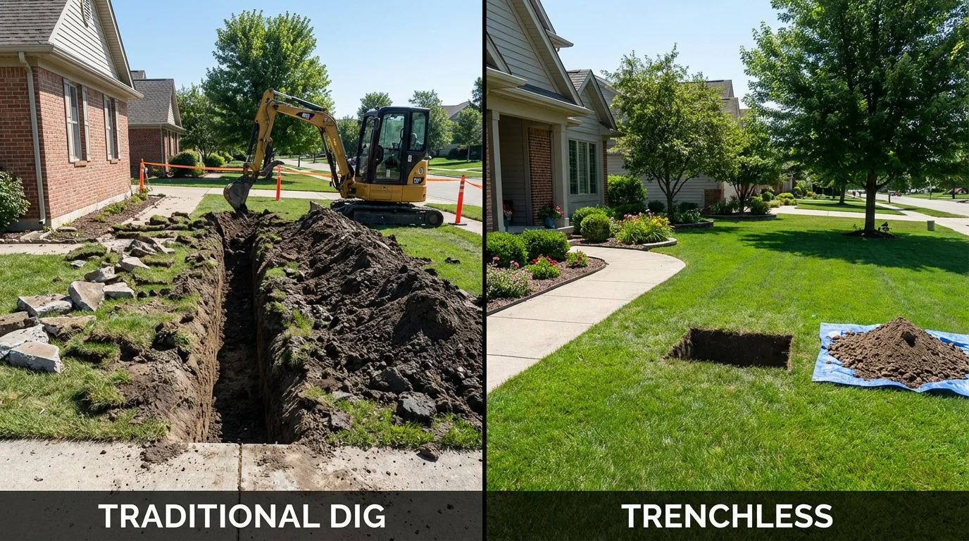 Trenchless sewer repair with minimal yard damage versus traditional excavation in Creve Coeur, IL