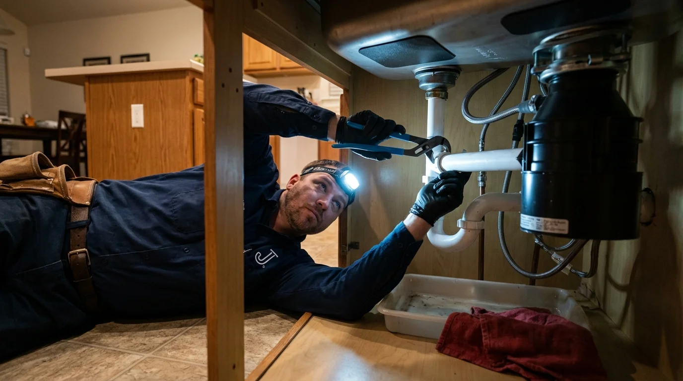 P-trap and supply line connections under a kitchen sink showing a common leak point in Creve Coeur, IL